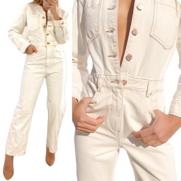Zara Cotton Denim Jumpsuit Boilersuit with Contrast Topstitching in Ecru Size XS - Picture 3 of 16
